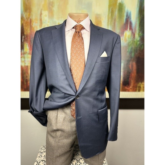 44R Mens Custom Tailored Scabal Super 140’s Blue Blazer - Suit Jacket Sport Coat - Picture 6 of 13
